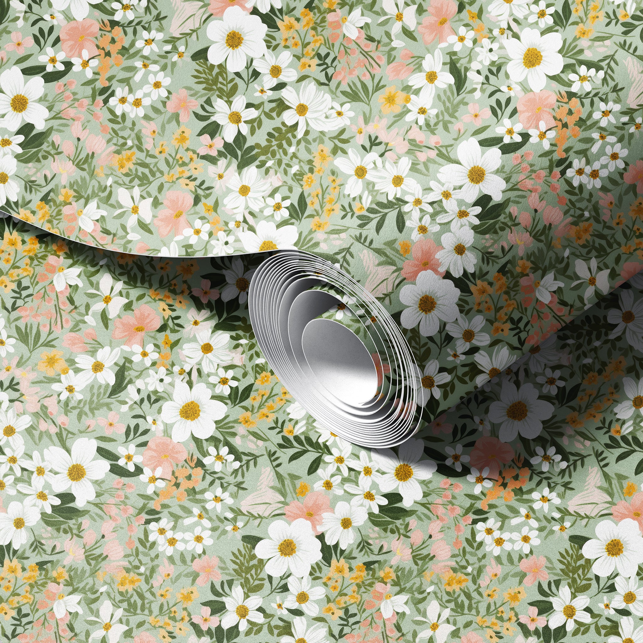 Sage Daisy Garden peel and stick wallpaper room mockup